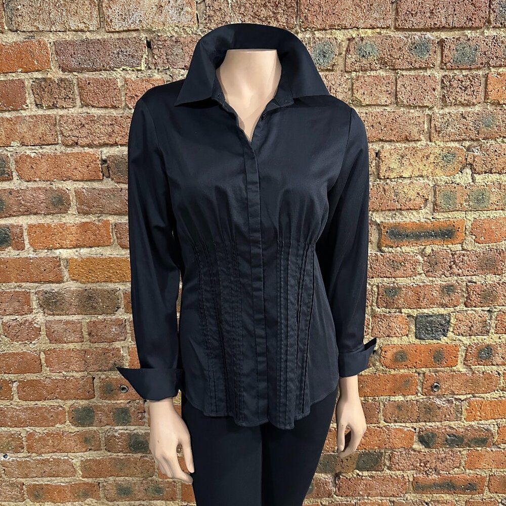 VGC Antonio Melani Black Collared Button Down French Cuff Blouse Size Medium